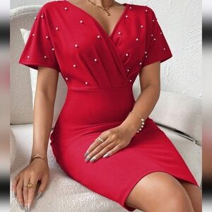Solid Red Color Pearl Dress Accents